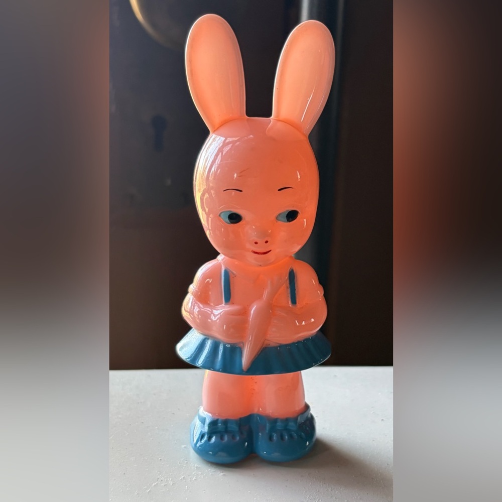 Vtg Knickerbocker Plastic Bunny Rabbit Rattle Toy Girl Pink & Blue Easter 5”Mint